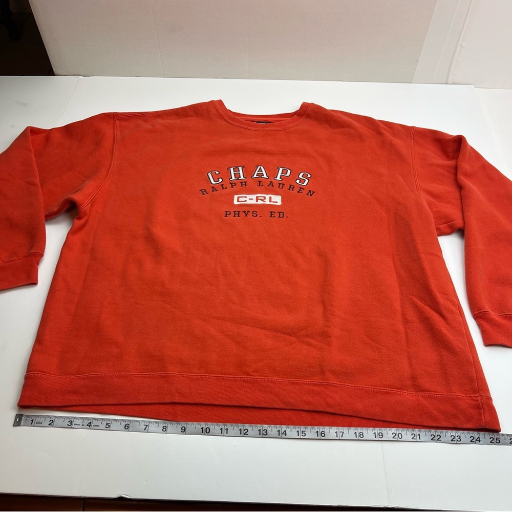 Vtg 90s Chaps Ralph Lauren Mens XXL Spell Out Crewneck Sweatshirt Orange *FLAW - Picture 11 of 12